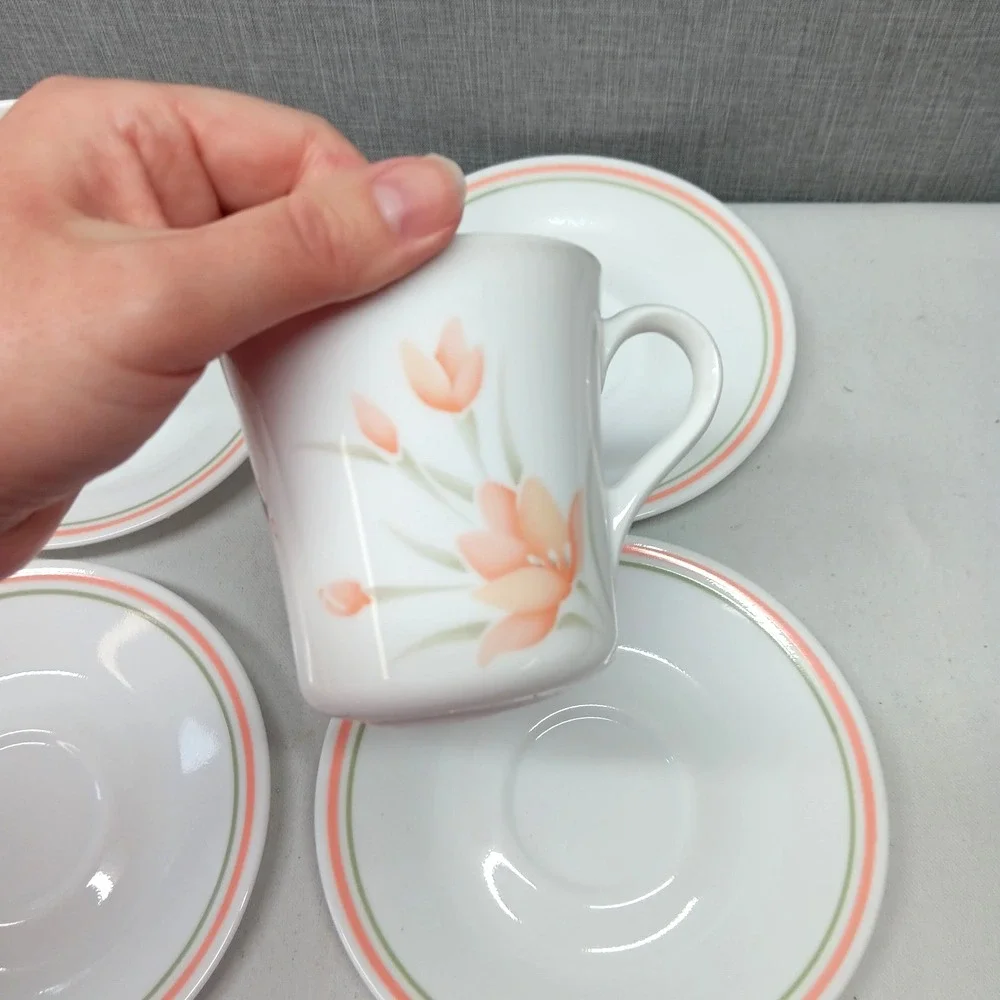 Vintage Corelle Peach Floral Cup Saucer Set‎ 4 Pink Green Stripe USA